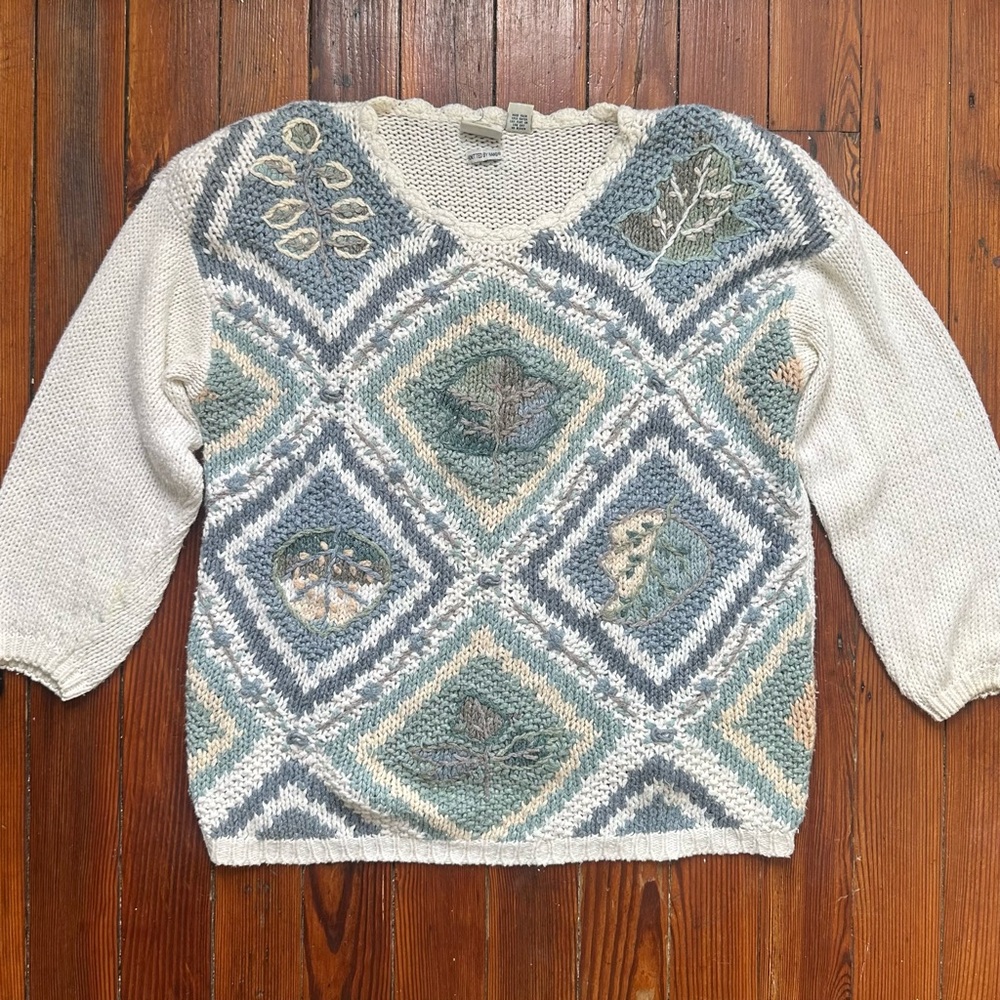 Vintage 1980s Classic Elements Knitted by Hand long tree & leaf motif sweater